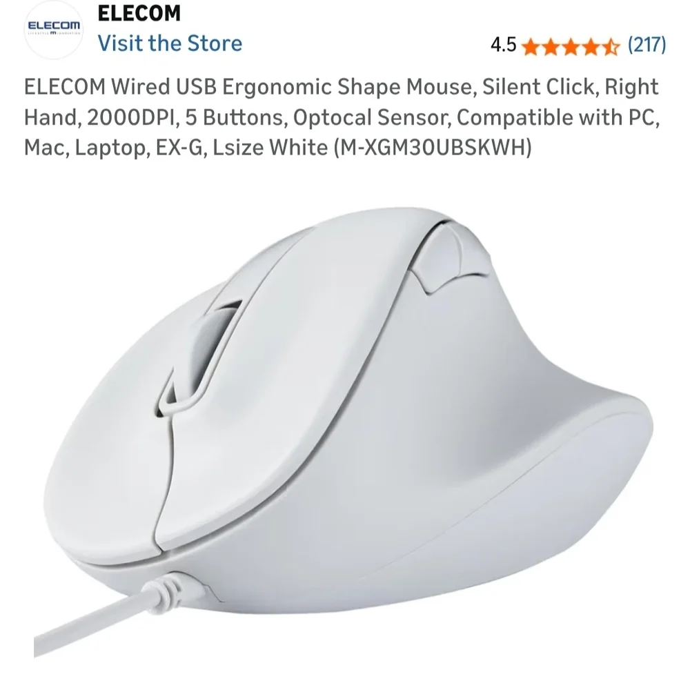Ergonomic Wired USB Mouse - Lsize White